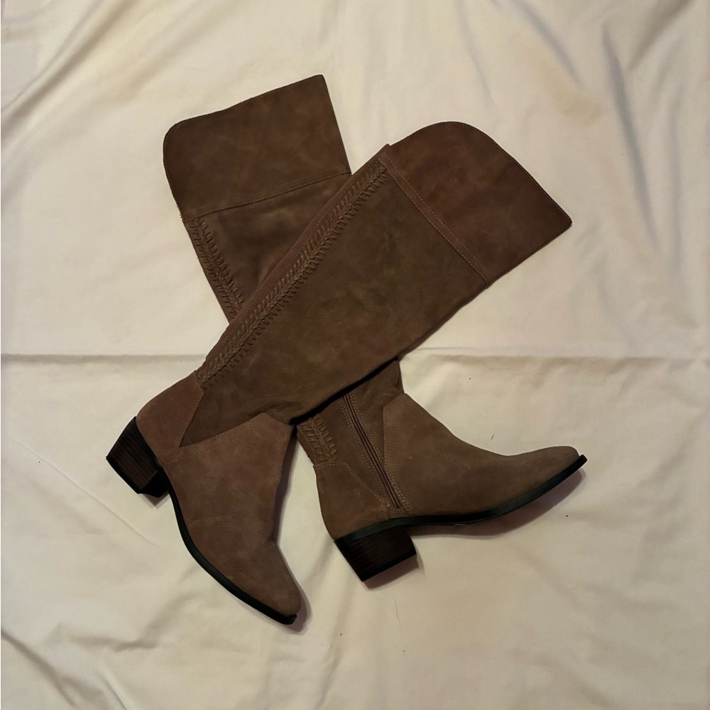 Vince Camuto Leather Boho Riding Boots Taupe Knee High 7.5 - Picture 2 of 8